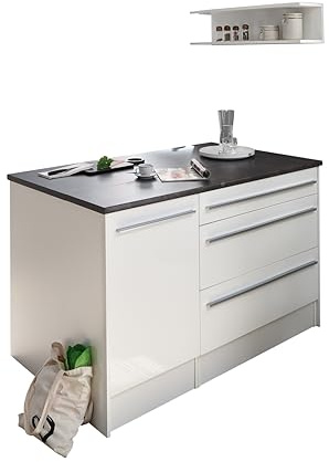 JAZZ Moderne Kücheninsel mit Arbeitsplatte freistehend in Weiß Hochglanz, Steingrau - Geräumiger Küchenschrank - 145 x 90 x 90 cm (B/H/T) | 145 x 90 x 90 cm (B/H/T), modern, freistehender Küchenschrank, offenes Ablagefach, Stauraum, Griffe in Silber