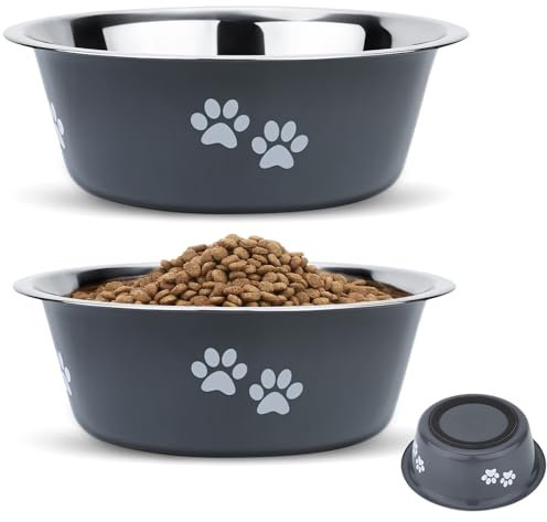 PETTOM Gamelle Chien INOX Antidérapante (Lot de 2, 2x860ml, Diamètre 17,5cm), Gamelle Eau Croquette pour Chiens Grand Moyen Petit en Acier Inoxydable - Gris
