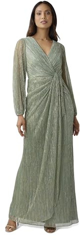 Adrianna Papell Long Sleeve Crinkle Metallic Gown with Draped Waist Detail Green Slate 12