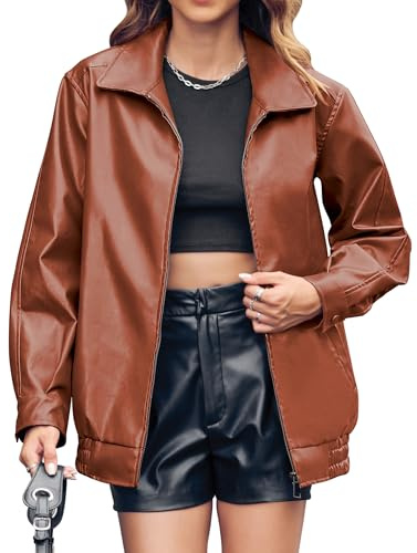 Miladusa Womens Leather Jackets Faux Fashion Zip Up Trendy Bomber Motorcycle Jacket with Pockets Brown S