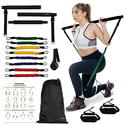 Multifunktionales Pilates-Bar-Set mit Widerstandsbändern für Frauen – Pilates Sculpt Bar mit 4 Sets Widerstandsbändern, Türanker, 2-in-1-Griff und breiterer Fußschlaufe, gedehnte Fusion-Pilates-Stange