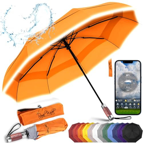 Royal Walk Regenschirm Taschenschirm Sturmfest Automatik Auf und Zu Winddichter Doppelverdeck Klein Stabil Schirm Reflektierend mit Luxuriösem Echtholzgriff für Damen und Herren Umbrella (Orange)