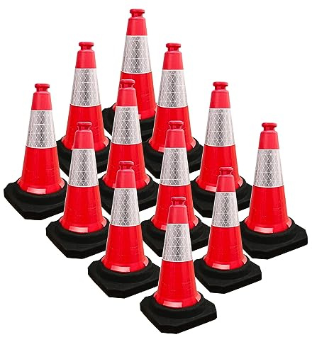 Berry 50CM Traffic Cone | High Visibility Safety Cone with Black Base | 20Inch PE Portable Road Cone for Street, Driveway & Parking Safety | Wind Resistant Reflective Traffic Cone - Set of 12