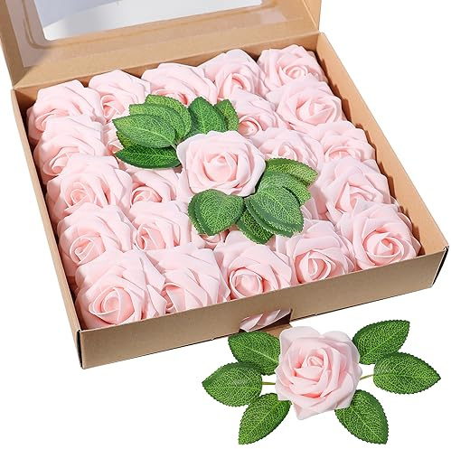25pcs Artificial Flowers Roses, Champagne Pink Foam Flowers Real Touch False Roses Artificial Flowers Foam Roses with Stem False Flowers for Wedding DIY Bouquets Valentine's Day Home Decorations