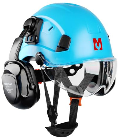 Mustbau Casco di Sicurezza EN397, Cappello Rigido con Paraorecchie e Visiera, Fascia Regolabile da 53 a 63cm, Materiale ABS Resistente Per Uomini Donne - Blu
