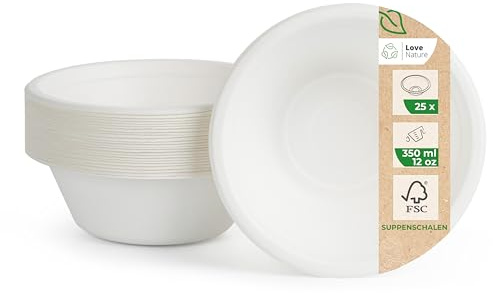 Love Nature Suppenschalen Einweg aus Zuckerrohr (350ml - 25 Stück) | Einwegschalen Kompostierbar Ökologische Suppenteller Einweg für Party und Picknick