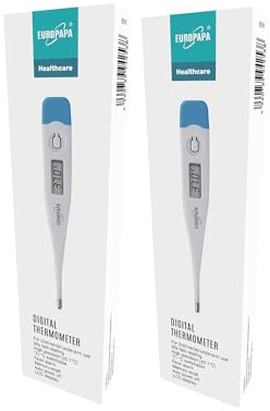 EUROPAPA 2 Stück Digitales Fieberthermometer für Babys, Kinder und Erwachsene, Thermometer für oral, axillar oder rektal, wasserdicht mit Fieberalarm (Hellblau)