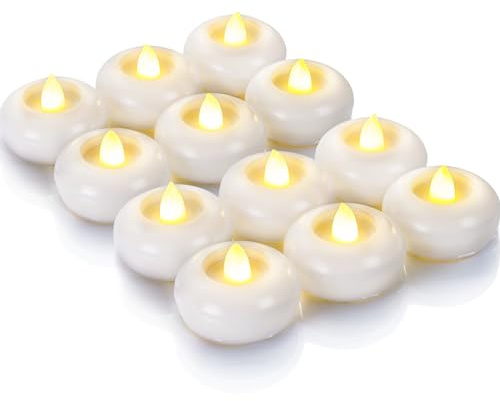 Homemory 2” Flameless Led Floating Candles, 200 Hour Plastic Battery Operated Flickering Waterproof Tealights for Cylinder Vases, Centerpieces at Wedding, Party, Pool, Holiday (12 Pack, White Base)