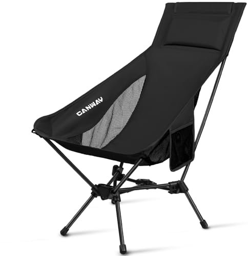 CANWAY Faltbarer Campingstuhl，Ultraleicht Tragbare Campingstuhl, Kleines Packmaß Stuhl mit Tragfähigkeit 180KG Tragkraft，klappstuhl,Strandstuhl (Hochlehner -Schwarz)