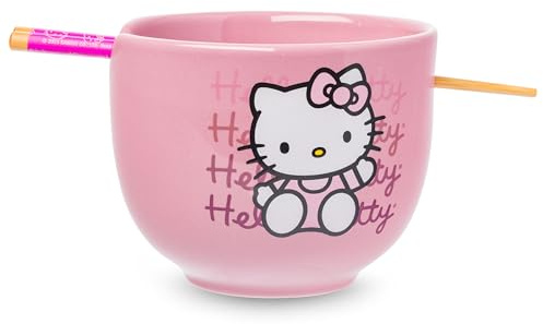 Silver Buffalo Sanrio Hello Kitty Waving Pink Keramik Ramen Nudel Reisschale mit Essstäbchen, mikrowellengeeignet, 590 ml | Winkendes Rosa, Keramik, Nudelreis, mikrowellengeeignet, 0,59 Liter