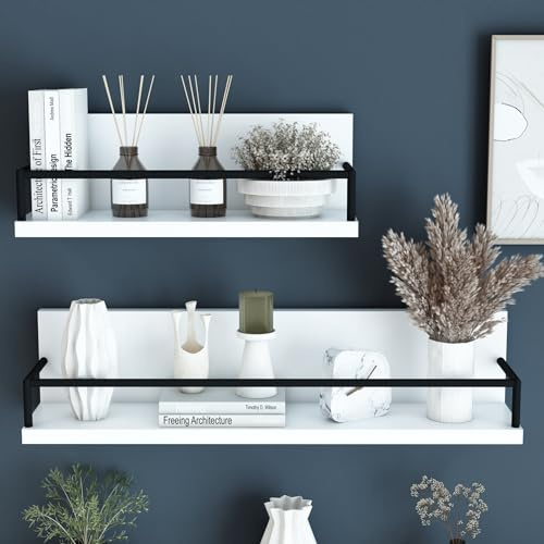 [en.casa] Set de 2 Estantes Flotantes Estantería Mural de 2 Baldas con Barras de Seguridad para Oficina Sala Baño Dormitorio Acero Aglomerado 60x14x14 cm - Blanco/Negro