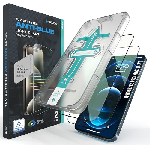 Deppa |2 Stück| für iPhone 12 Pro Max (6.7') Augenschutz Zertifizierter Blaulichtfilter mit Schablone | Stoßfest | Vollständige Abdeckung | Blasenfreie