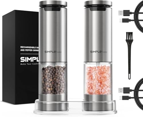 SIMPLETASTE Macina Pepe, Macina Sale e Pepe Elettrico, Macinapepe Ricaricabile in Acciaio Inox, con Cavo Type-C e Luce LED, Adatto per la Cucina, il Barbecue, le Feste, ecc. (Set da 2 Pezzi)