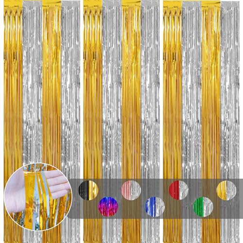 3 Stück Lametta Vorhang Gold Silber,Metallische Glitzervorhang Lametta 1x2m,Glitzer Tinsel Curtain Folienfransen Vorhang Fotowand Hintergrund für Geburtstags Hochzeit Weihnachten Halloween Party Deko