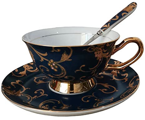 SGeneE Euro Style Vintage Porcelain Tea Cup, Ceramic Coffee Cups, with Spoon Saucers, Bone Porcelain Creative Tea Set for Breakfast Afternoon Tea,Red A (Blueb)