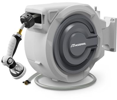 66 fot x 1/2 tum infällbar trädgårdsslangrulle från HOZEREEL, Conpact Outdoor Garden slangrullar - automatisk självindragande väggmontering slangrulle bifogad förvaring, alla längds lås, 10 mönster
