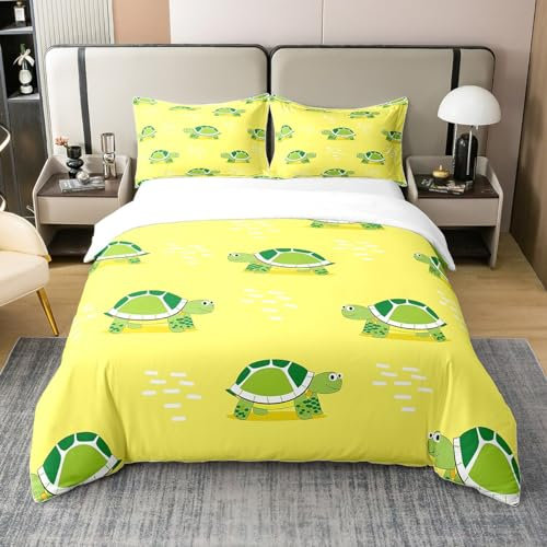 Kinder Schildkröte 155x220 Bettbezug,Nette Grüne Meeresschildkröte Tröster Abdeckung für Kinder Jungen Mädchen,Kawaii Reptile Bettwäsche Set,Cartoon Marine Tier Bettbezug,Gelbe Schlafzimmer Dekor