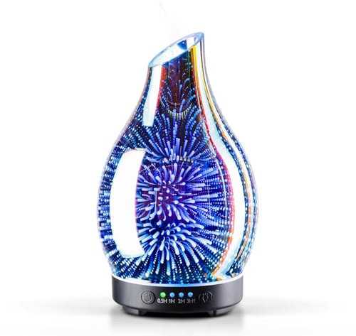 Porseme Aroma Diffuser 150ml, Handgeblasen 3D Glas Diffuser für Ätherische Öle, Luftbefeuchter mit Timer Ultraschall Cool Mist Leise, 7 Arten LED Lichtfarben, Wasserlos Auto-Off BPA Frei für Wohnung