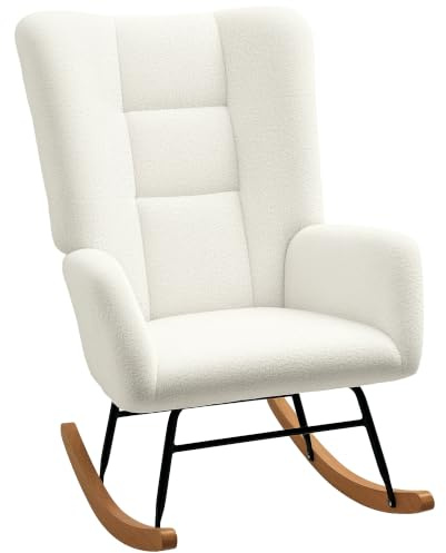 HOMCOM Rocking Chair Teddy Accent Chair Modern Wide Backrest Cream White | Upholstered, Rubberwood Base, Living Room, Bedroom