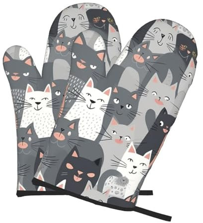 Lot de 2 gants de cuisine antidérapants à motif de chats gris mignons et amusants, résistants à la chaleur jusqu'à 260 °C
