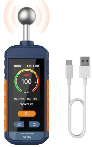 GOYOJO Wiederaufladbar Feuchtigkeitsmessgerät Wand, Feuchtigkeitsmesser mit 5-40mm Kugelsensor, Zerstörungsfreie Scans für Holz/Wände/Baustellen, Einstellbare Alarme & Temperaturanzeige