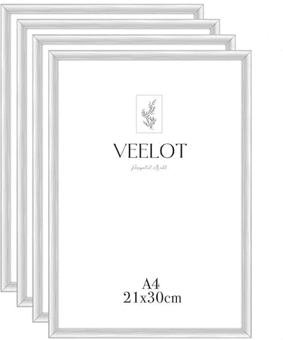 Veelot® 4x Bilderrahmen DIN A4 21x29,7cm | Metall Aluminium,Silber mat,Zertifikatsrahmen 21x30cm mit bruchsicherem Acrylglas | Hoch- & Querformat zur Wandmontage,schmales Profil