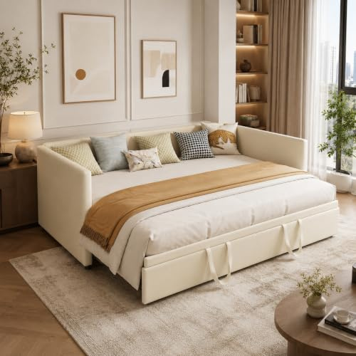 DAHUEN Bäddsoffa 90/180 x 200 cm, 2-sitsig soffa med sovfunktion, säng utdragbar till dubbelsäng, utdragbar dagsäng, utfällbar soffa, utdragbar säng, bäddsoffa, sammet, utan madrass (beige)