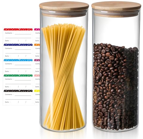 Suuwwn Glass Spaghetti Storage Jar 2 x 2200 ml Glass Spaghetti Pasta Storage Container Clear Food Storage containers with Bamboo Lid for Noodles Flour Cereal Coffee Beans