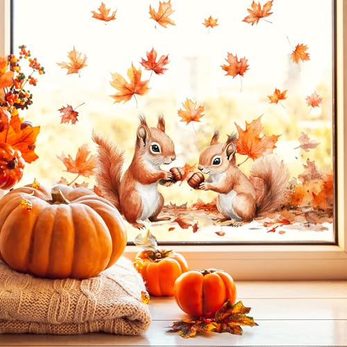 Zindoo Fensterbilder Herbst XXL Eichhörnchen 30 × 60 cm Doppelseitig | Fensteraufkleber für Herbst-Fensterdeko mit Statischer Haftung, Ohne Kleber, Wiederverwendbar und Rückstandslos Entfernbar
