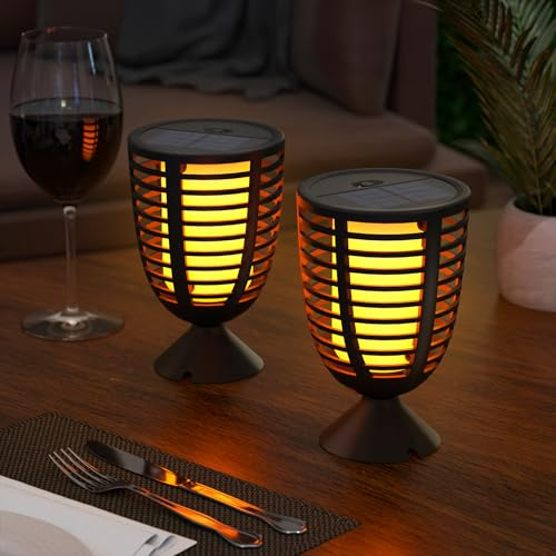 MALUX Lot de 2 mini lanternes solaires d'extérieur avec bougie orange - Lanternes solaires suspendues - Étanche IP44 - Lampe de table solaire d'extérieur pour terrasse, balcon, pavillon