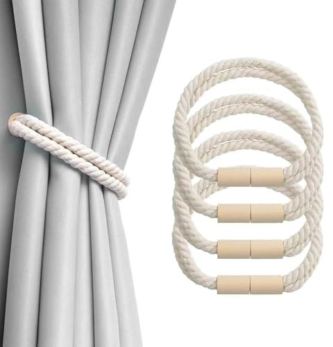 LINTRA 4 Stück Vorhanghalter Magnetisch, Gardinenhalter Magnetisch, 50 cm in Beige Raffhalter für Gardinen, Baumwoll-Leinen Gardinen Raffhalter, für Wohnzimmer, Küche, Schlafzimmer