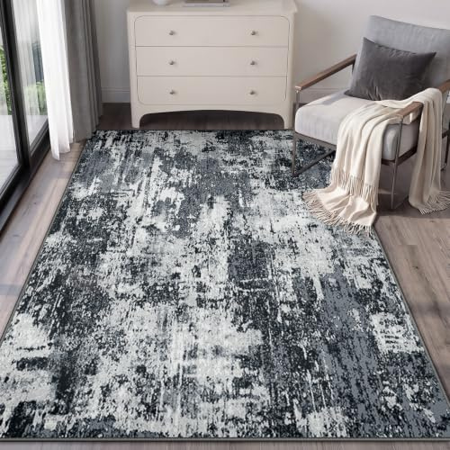 INOVADAY Abstrakt Waschbarer Teppich 90x150 cm Schwarz/Grau/Weiß/Blau | Teppich Wohnzimmer, Teppich Waschbar, Schlafzimmer, Esszimmer, Büro, Moderne Minimalistische, Kurzflor Weich Rutschfest, OEKO