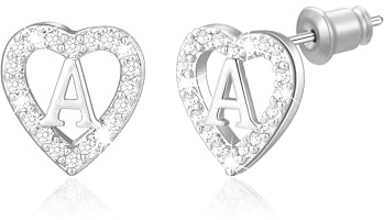 Heart Initial Stud Earrings Sliver Plated Hypoallergenic Heart Shaped Cubic Zirconia Alphabet Letter Earrings Birthday Gifts for Women (Sliver A)