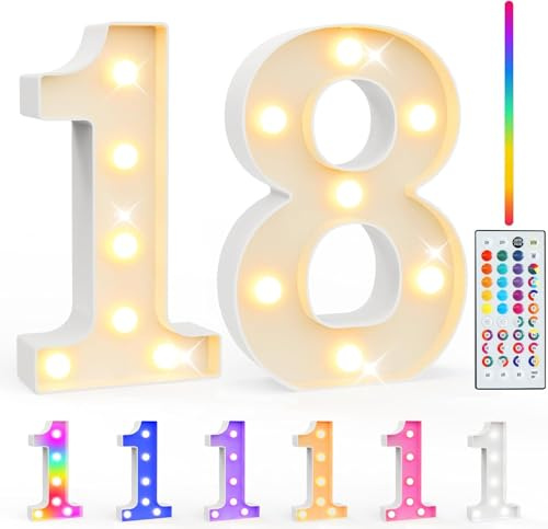 LED Zahlen Lampe Nummer Beleuchtete Ziffern 18,35 Farben Led Leuchtzahlen mit Fernbedienung Dimmbar, Dekoration für Happy Birthday Deko,Party Deko,Hochzeitsdeko,Desktop Wandtischdeko
