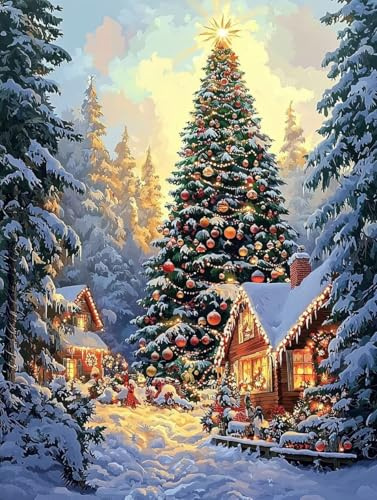 Malen Nach Zahlen Erwachsene, 40x50cm Weihnachtsbaum Malen Nach Zahlen, DIY Handgemalt Ölgemälde Bastelset Erwachsene, DIY Paint by Numbers Winter mit Pinseln, Acrylfarben, Wanddeko, Ohne Rahmen C-99