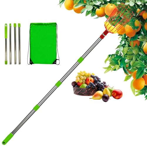 Picker with Basket - Telescopic Stainless Steel Fruit Picker with Basket - Detachable and Rustproof Fruit Holder for Pear, Orange, Lemon, Plum, Trees