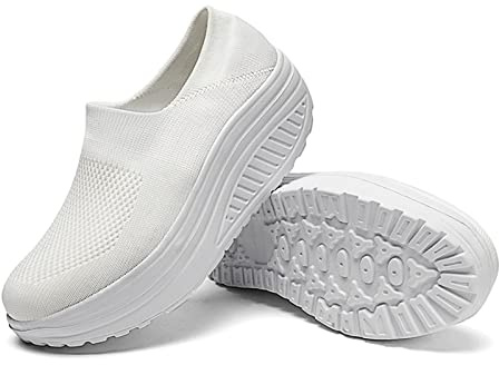 Generiska lätta sportskor dam, plattformsskor för kvinnor, platåsneakers halkfria slip-on stövletter utomhus slip-on mjuk tjock sula fritidsskor andas vandringsskor, Vit, 41 EU
