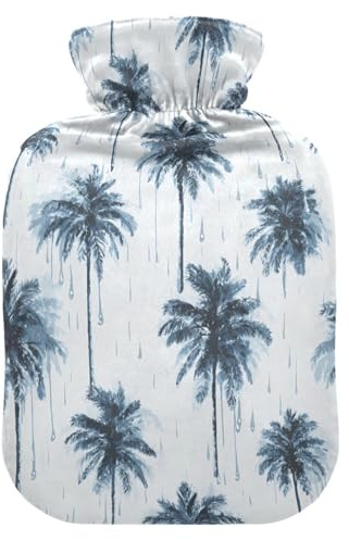 Palm Trees Water Drops Hot Water Bottle with Velvet Cover Hot Water Bag for Pain Relief 2L, Neck Cramps Shoulders Pain Relief, Hot Cold Pack