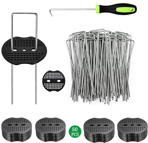 50 Estacas de Jardín en U,50 Arandelas 1Recoger Gancho,de Acero Galvanizado,Grapas Césped Artificial y Malla Antihierbas para Fijación de Paños y Cubiertas