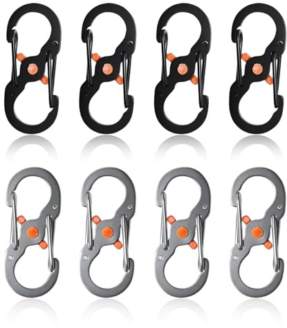 8 Pcs Mini S Carabiner Clips, Stainless Steel Locking Carabiner Hooks, Small S Shape Keychain Hook Clip with Lock for Keys Bags Travel DIY Hiking Fishing and Camping