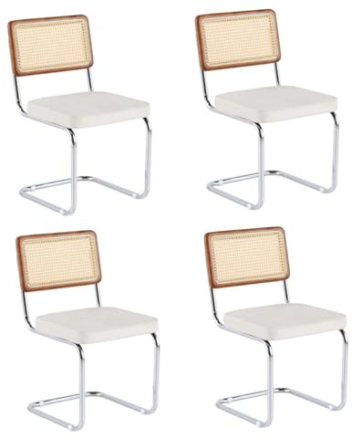 ZECIIYE Esszimmerstühle 4er Set,Freischwinger Stühle,Küchenstühle aus Rattan mit Metall Chrom Beine,Moderne Schwingstuhl für Wohnzimmer Küche Esszimmer,Beige