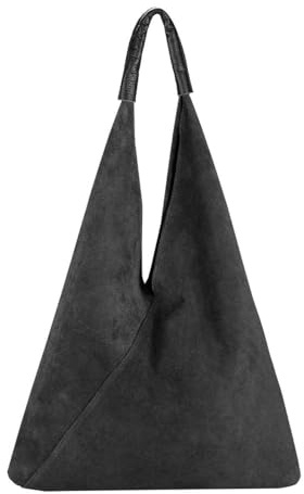 OBC Made in Italy Damen XXL Leder Tasche Handtasche Wildleder Shopper Schultertasche Hobo-Bag Umhängetasche Beuteltasche Velourleder DIN-A4 Ledertasche Schwarz