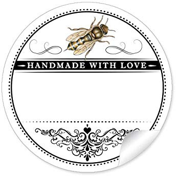 48 STICKER WEIß SCHWARZ Biene und Ornamente HANDMADE WITH LOVE Freitextfeld für Honig, Gläser • Papieraufkleber: 4 cm, rund, matt