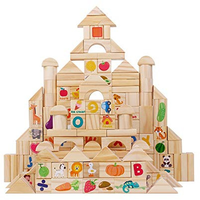 FeiWen 110 Teile Holzspielzeug Holzbausteine Bauklötze Kinder Obst, Gemüse, Tiere Holzklötze