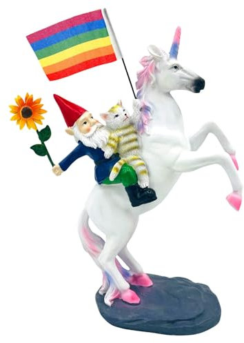 SEWAS Gartenzwerg, Zwerg mit Katze, Sonnenblume, Einhorn, handbemalt und wetterfest, Kunstharz, lustiger Garden mit Regenbogenfahne