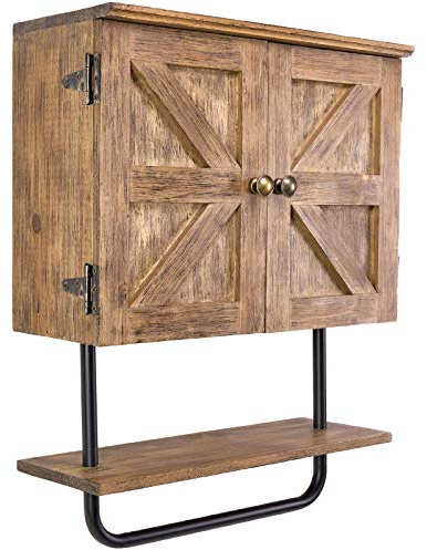 EXCELLO GLOBAL PRODUCTS 17x21'' Barndoor Bathroom Wall Cabinet, Space Saver Storage Cabinet Kitchen Medicine Cabinet with Adjustable Shelf and Towel Bar, Brown