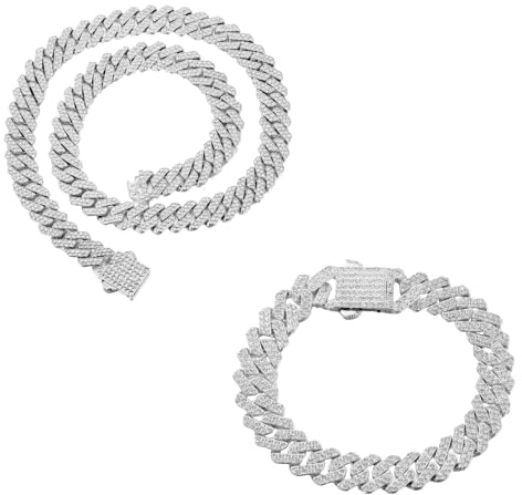 Halukakah 18k Echtgold/Platin Plattiert Kubanischer Diamant Gliederarmband Halsketten-Schmuck Set Für Männer,Über 1500 Labor Diamanten Handset,Breite 12mm Länge 20cm,45cm Mit Geschenkbox
