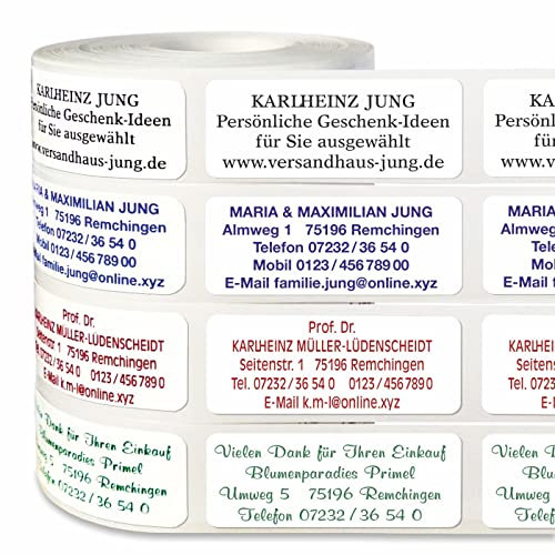 500 wasserfeste Adressaufkleber, Adressetiketten Original*** SUPER-TOP mit Ihrem Wunschtext in 4 Farben und 7 Schriften auf der Rolle in der Spenderbox