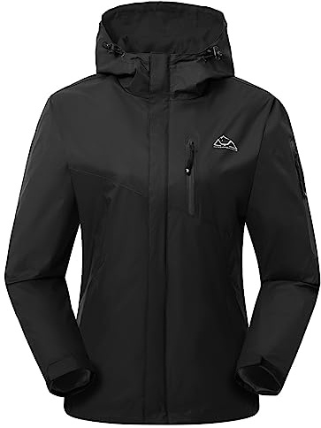 YSENTO Damen Regenjacke Wasserdicht Atmungsaktiv Outdoorjacke Leichte Übergangsjacke Windbreaker mit Kapuze(Schwarz,XL)