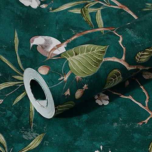 Peel and Stick - Carta da parati adesiva vintage con uccelli e fiori, in tessuto non tessuto, verde scuro, carta da parati per cucina, bagno, backsplash, 20,86 x 9,2,4 m